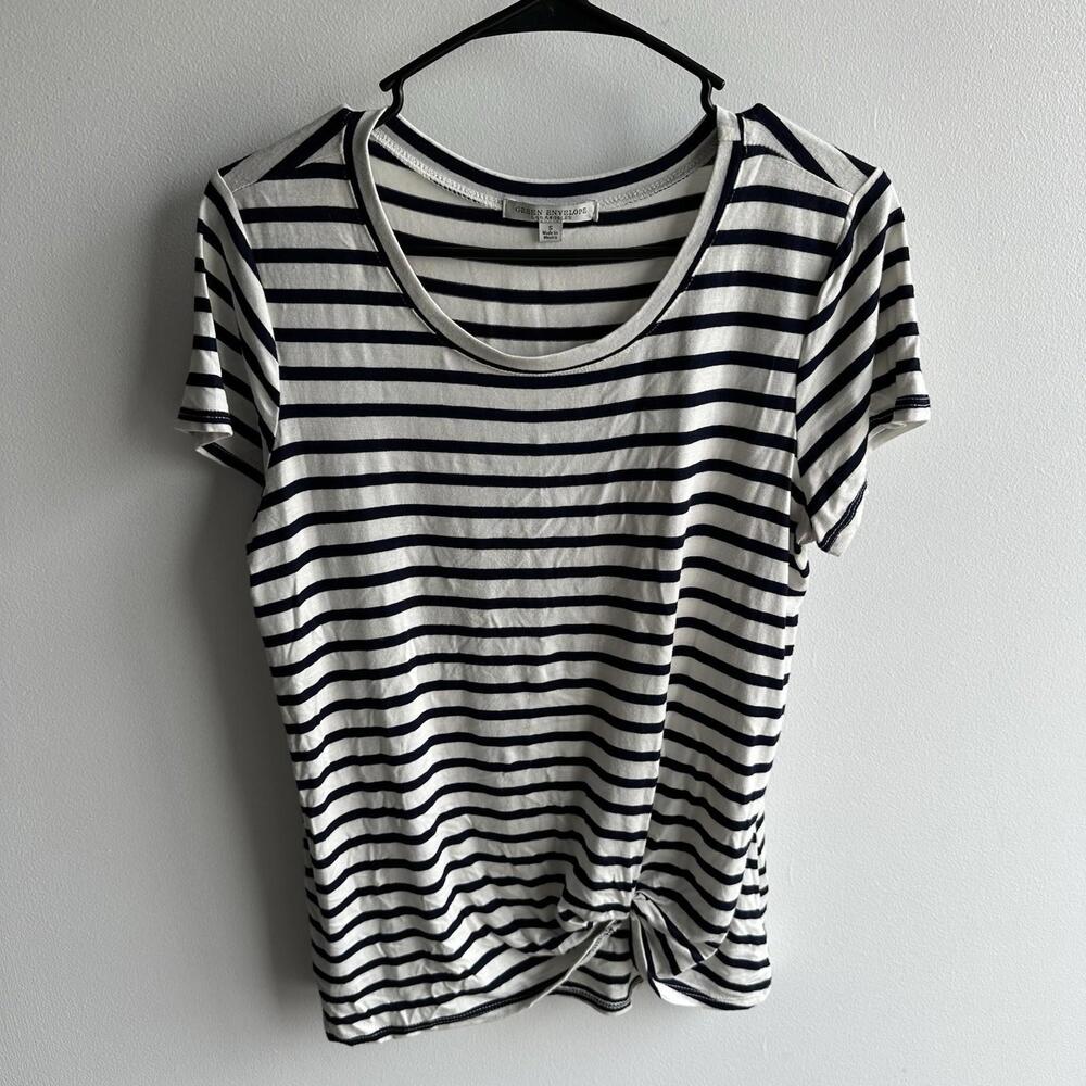 GREEN ENVELOPE navy Blue White Striped Tie Front Pullover T-shirt Top S